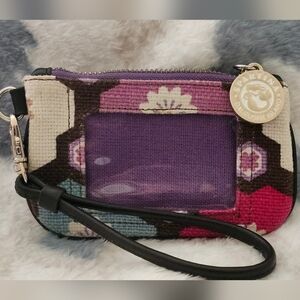 Spartina 449 Multicolor Floral Id Wristlet. Natural Linen and Leather.